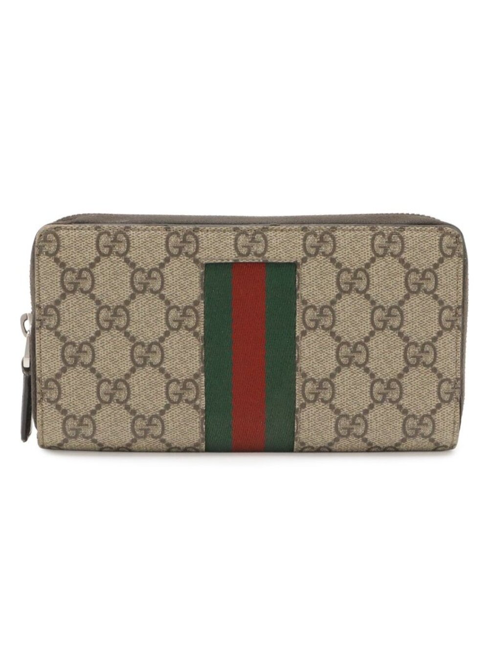 Gucci GG Supreme Sherry Line Web Zip Around Wallet Leather Khaki Beige Dark